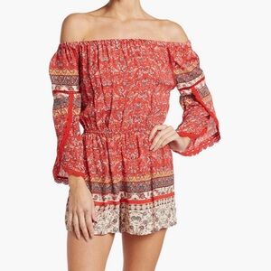 ANGIE Off Shoulder Red Patterned Small Romper PERFECT CONDITION